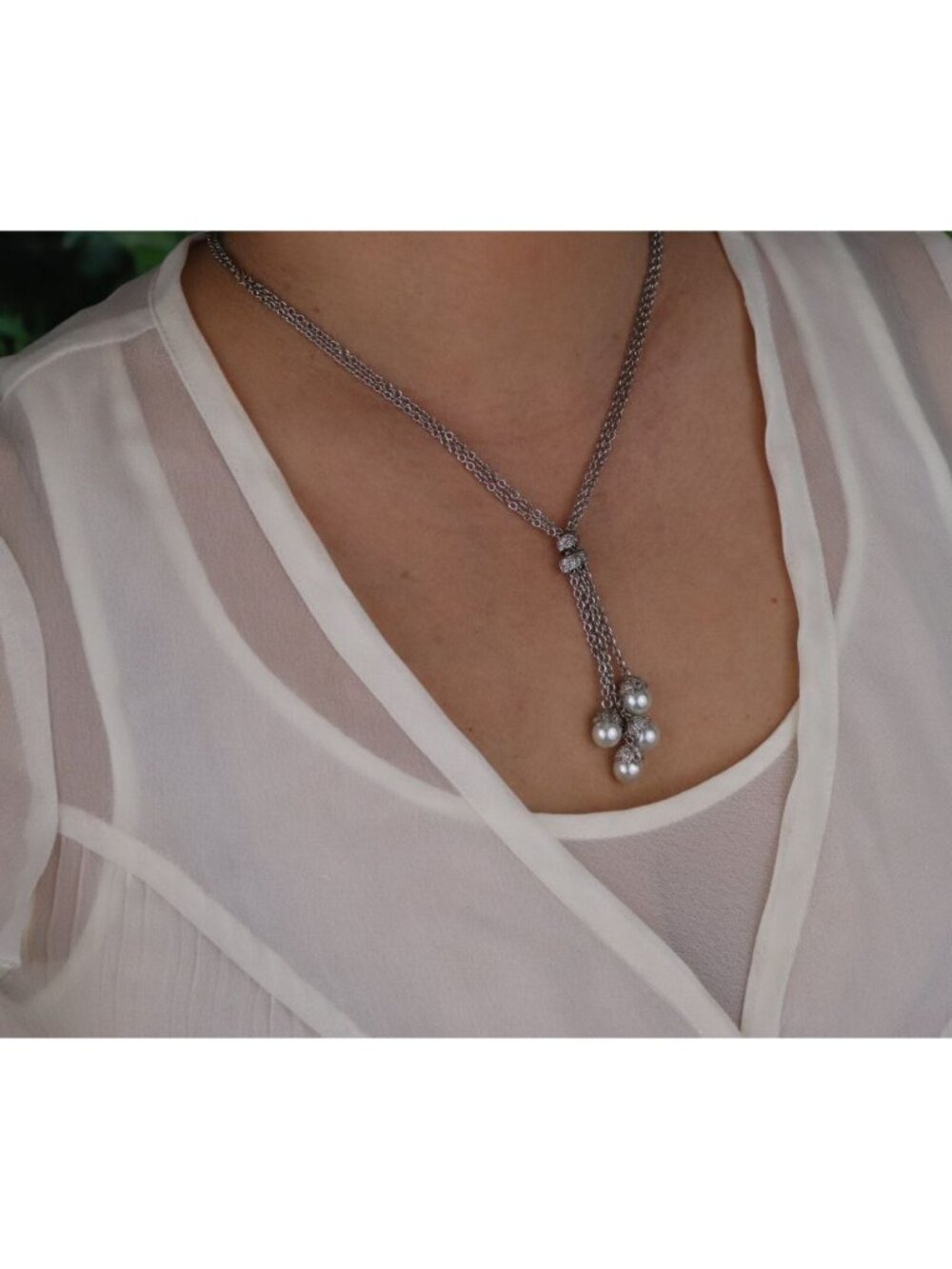 Sterling Silver Two Strand Pearl Lariat Drop Necklace 16" to 18" - Picture 2 of 8